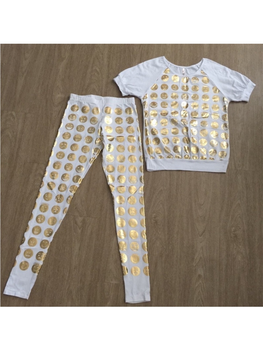 Women’s White Two-Piece lounge Set with Gold Emoji graphics